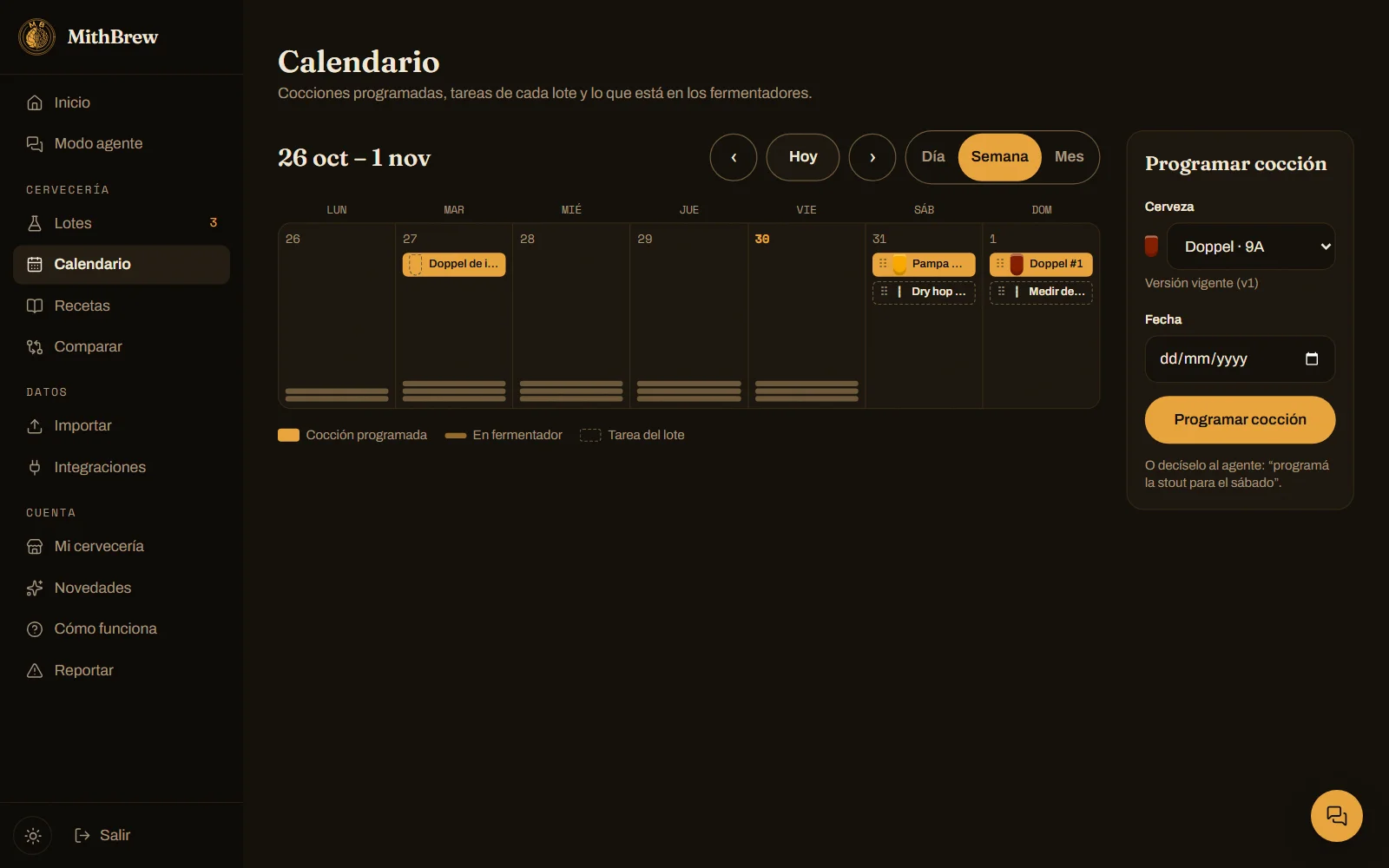 Calendário de brassagens do MithBrew na visão da semana, com os lotes de cada dia.