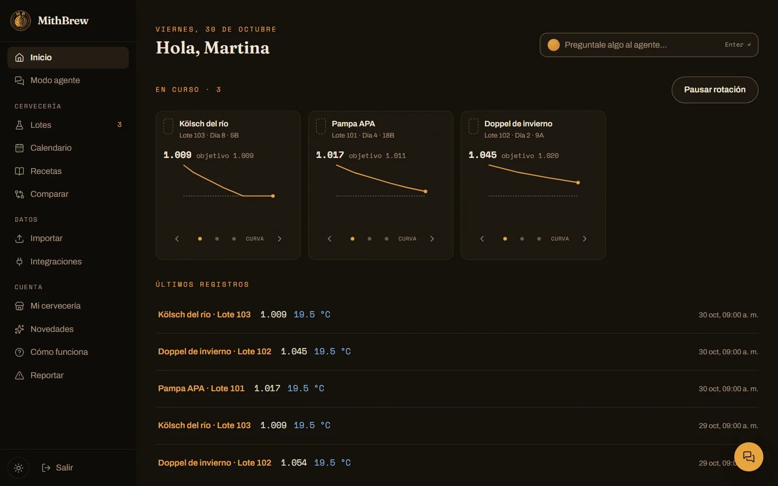 Tela inicial do MithBrew com os cartões dos lotes ativos.